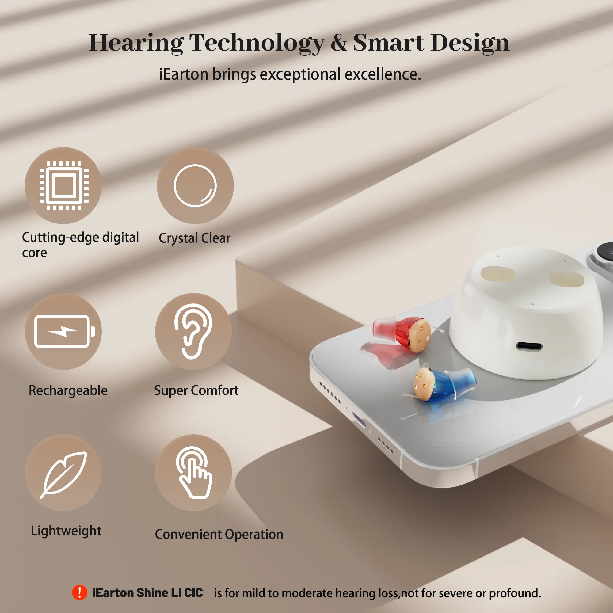 iEarton Shine Li CIC Rechargeable Hearing Aid for Seniors